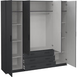 Armoire VEGA - Décor Gris anthracite - 4 portes + 3 tiroirs - L 195,5 x P 49,6 x H 200,4 cm