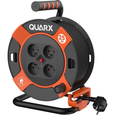 Enrouleur de bricolage - QUARX - 25m - H05VV-F 3G1,5mm˛ - Disjoncteur thermique - Protection enfants