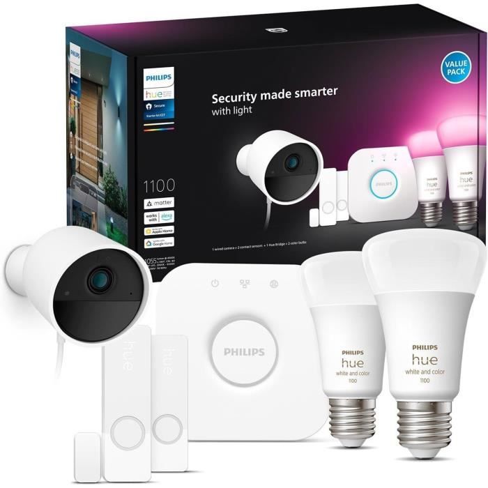 Kit de dťmarrage - Philips Hue - Secure - Inclus : 1 camťra filaire + 2 capteurs de contact + 2 ampoules connectťes + 1 pont