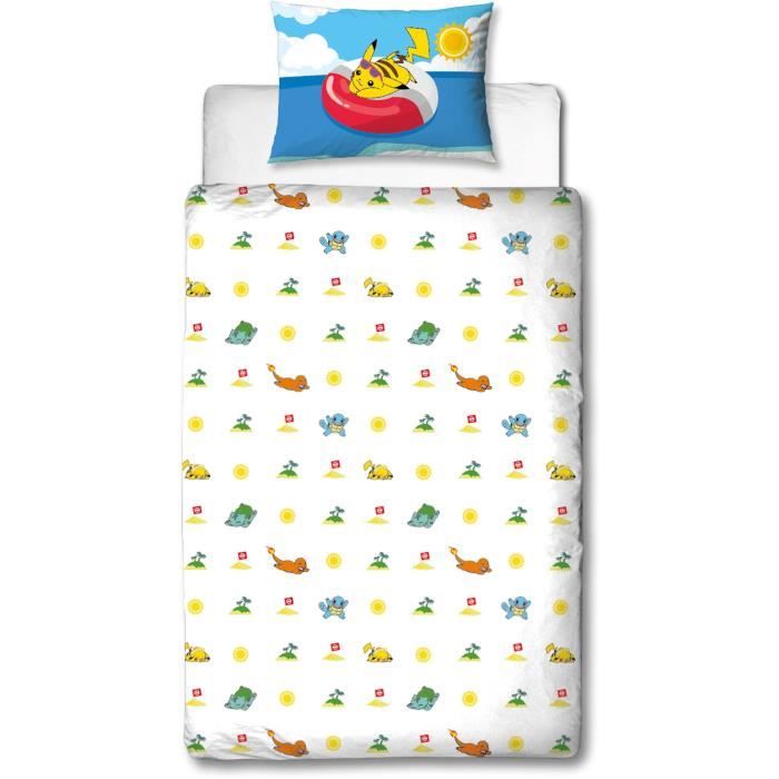 Parure de lit - POKEMON - Pikachu a la plage - Microfibre - 1 housse de couette 140 x 200 cm + 1 taie 63 x 63 cm