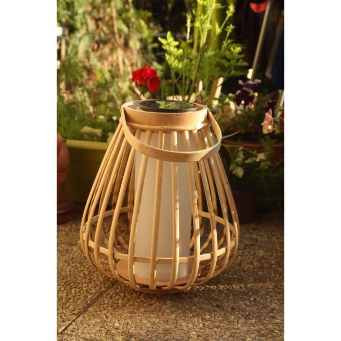 Lampe solaire - Marta - Beige - Bambou naturel - Eclairage effet flamme - Recharge USB et solaire