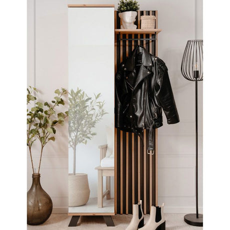 Vestiaire d'entrée avec rangements et miroir - L80 x P37 x H189,6 cm - décor chene et noir - MEDAN