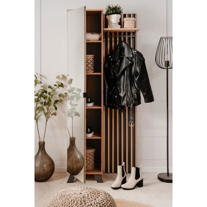 Vestiaire d'entrée avec rangements et miroir - L80 x P37 x H189,6 cm - décor chene et noir - MEDAN