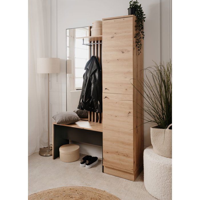 Vestiaire d'entrée avec miroir, banc et porte - Décor Chene artisan et gris anthracite - L122 x P37 x H190cm - Style industriel
