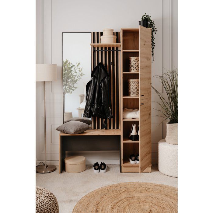 Vestiaire d'entrée avec miroir, banc et porte - Décor Chene artisan et gris anthracite - L122 x P37 x H190cm - Style industriel
