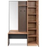 Vestiaire d'entrée avec miroir, banc et porte - Décor Chene artisan et gris anthracite - L122 x P37 x H190cm - Style industriel