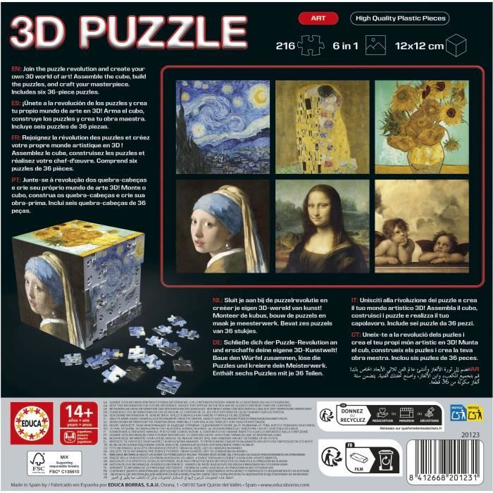 Puzzle 3D - EDUCA - Cube Art - 216 Pieces - 6 Puzzles de 36 Pieces - Défi Ludique 8 Ans + (20123)