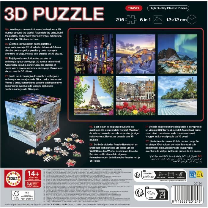 Puzzle 3D - EDUCA - Cube Voyage - 216 Pieces - 6 Puzzles de 36 Pieces - Défi Ludique 8 Ans + (20124)