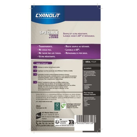 Colle spéciale tissu - CYANOLIT - Fixation flexible - Idéale pour tissus et textiles