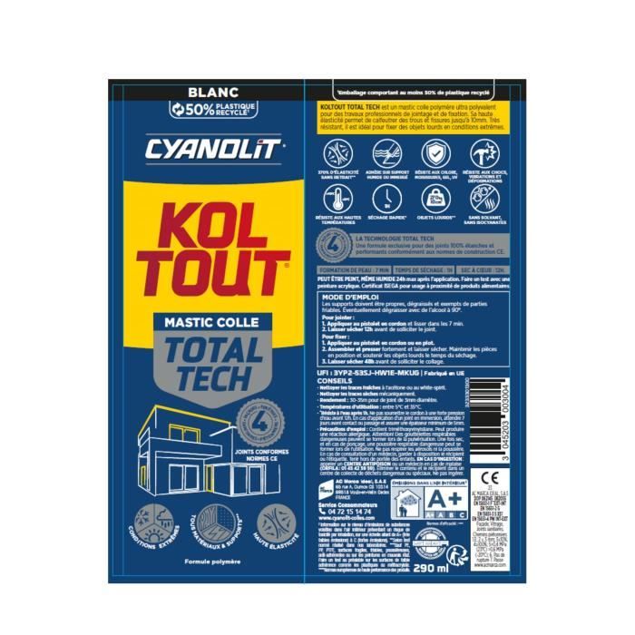 Colle de fixation et d'étanchéité - CYANOLIT - Total tech - Blanc - Cartouche 290 ml - Multi-matériaux - Étanche et flexible