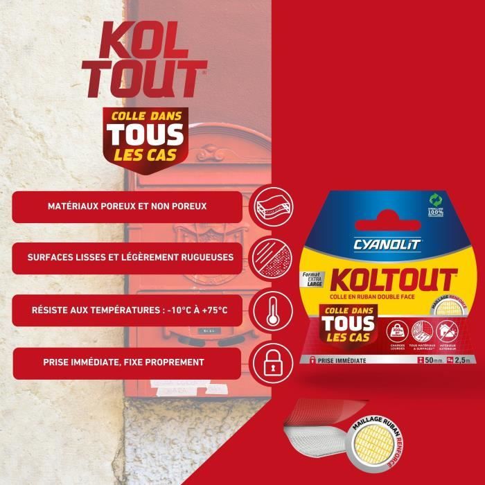 Ruban adhésif double face - CYANOLIT - Koltout ruban XXL - 2.5 x 49 mm - Haute adhérence - Discret et résistant