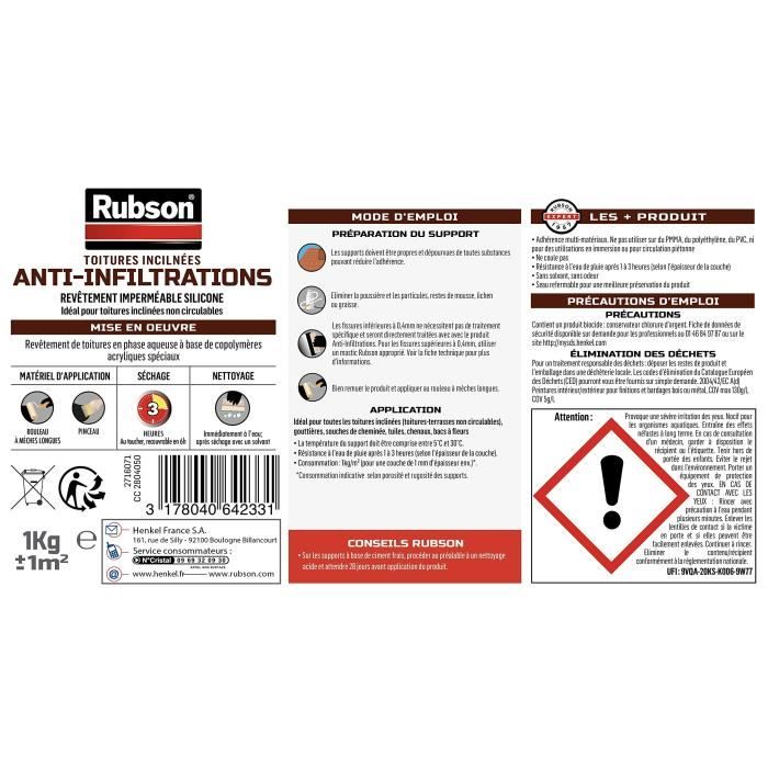 Revetement impermÈable - RUBSON - Anti-infiltrations - 1kg - 100% Silicone - RÈsistant aux UV