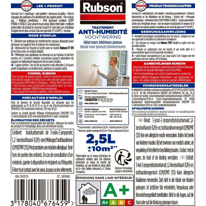 Revetement d'étanchéité - RUBSON - Waterproof - Traitement murs humides - Murs intérieurs - Incolore - Bidon de 2,5L