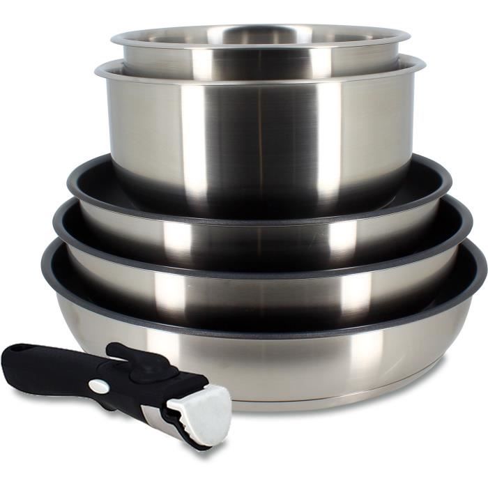 Batterie de cuisine - Induction - MENASTYL - 7930018 - Inox - 6 pieces - Poignée amovible - Gris