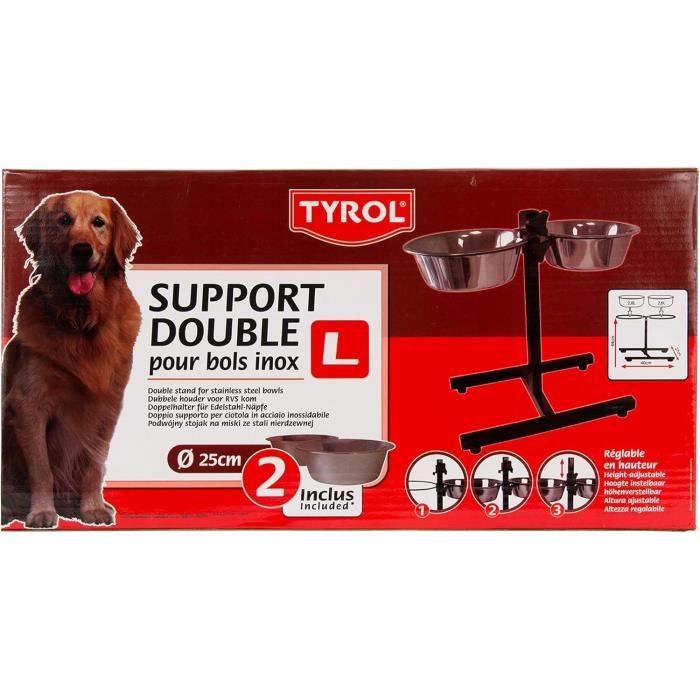 Accessoire repas chien - TYROL - Support + 2 Bols Inox - 25 cm - 2,8 L - Réglable en hauteur