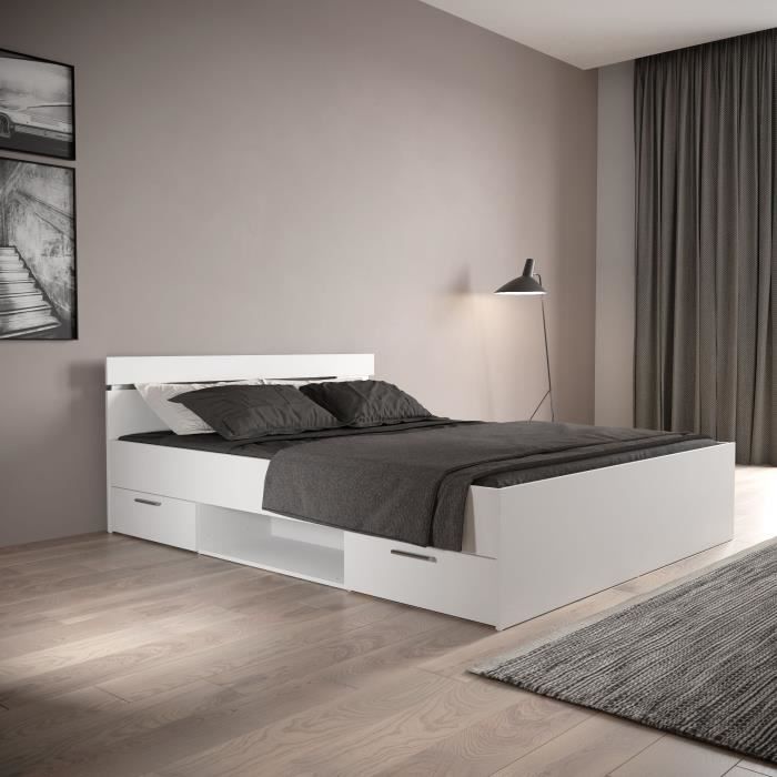 Demeyere Lit adulte MICHIGAN - 160 x 200 cm - Multiples rangements - Blanc