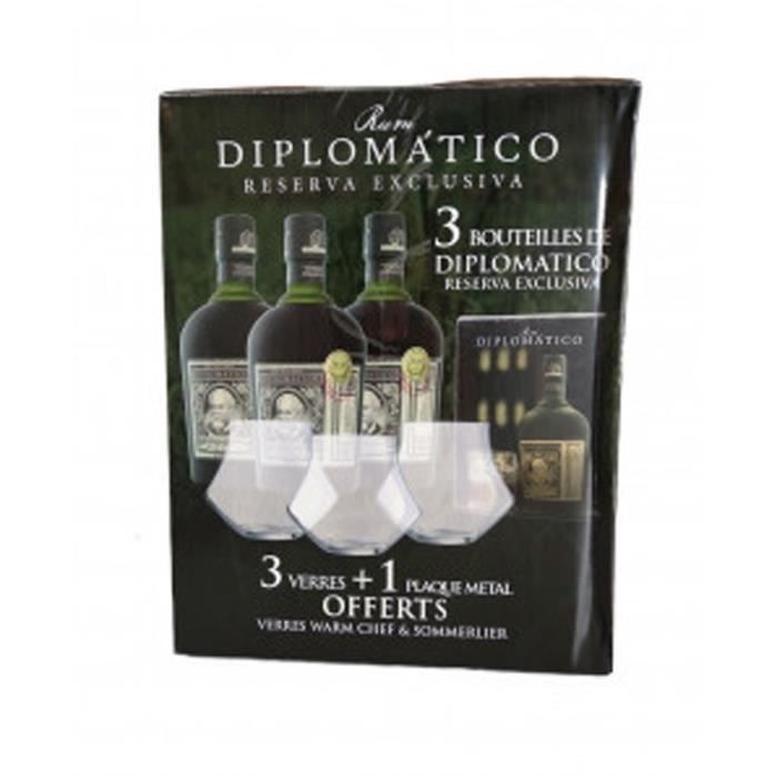 Diplomatico - Reserva Exclusiva - Coffret 3 bouteilles + 3 verres WARM chef + 1 plaque mÈtal - Rhum - 3 x 70 cl - 40,0% Vol.