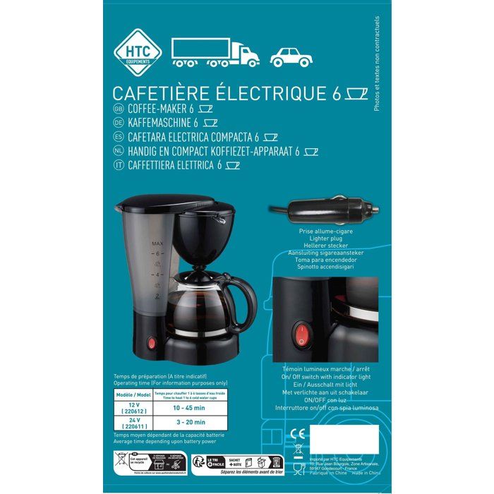 Cafetiere 12V - HTC EQUIPEMENTS- 5/6 tasses - Puissance 170W