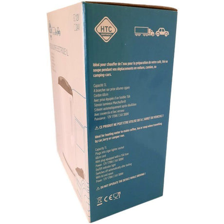 Bouilloire électrique 12V - HTC EQUIPEMENTS - 1 litre- 170W - corps blanc et couvercle noir