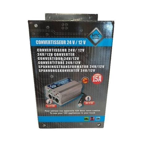 Convertisseur  24V/12V- HTC TECHNIC -15A + 2 prises allume-cigare femelle puissance 180W