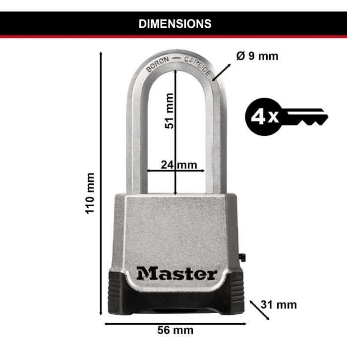 Cadenas Haute Sécurité - MASTER LOCK - M176EURDLH - Zinc - Anse XL - Extérieur