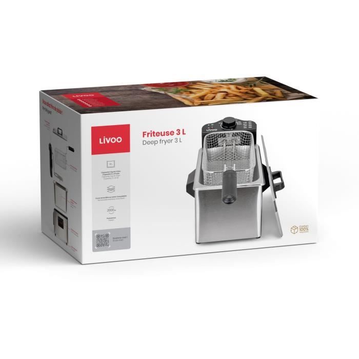 Friteuse 3 L - LIVOO - DOC216 - 2000W - 3L - Cuve amovible en acier inoxydable - Panier a friture amovible - Thermostat réglable