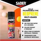 Colle aérosol néoprene multi-usages - SADER - Extra forte - Tous matériaux - Prise immédiate - Bombe 500 ml