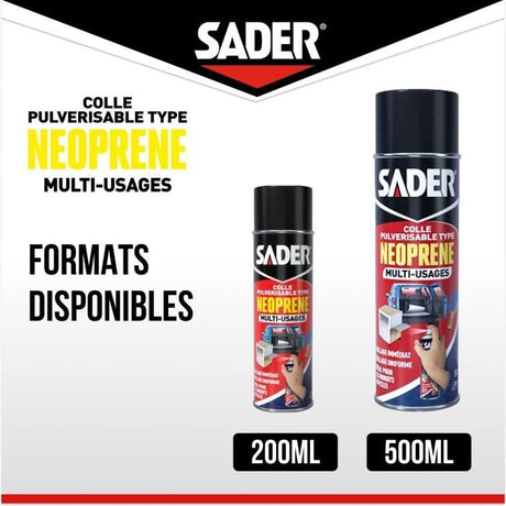 Colle aérosol néoprene multi-usages - SADER - Extra forte - Tous matériaux - Prise immédiate - Bombe 500 ml