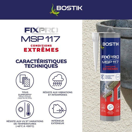 Mastic colle - BOSTIK - Fixpro MSP 117 - Conditions extremes - Intérieur/extérieur - Blanc - Cartouche 290 ml