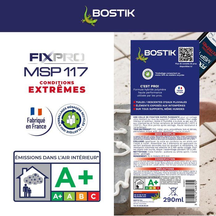 Mastic colle - BOSTIK - Fixpro MSP 117 - Conditions extremes - Intérieur/extérieur - Blanc - Cartouche 290 ml
