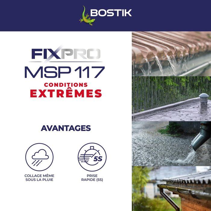 Mastic colle - BOSTIK - Fixpro MSP 117 - Conditions extremes - Intérieur/extérieur - Blanc - Cartouche 290 ml