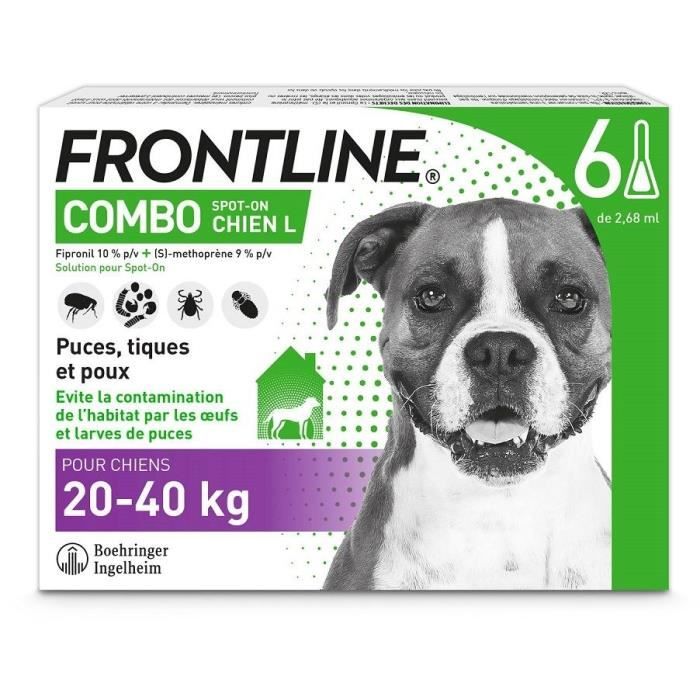 Frontline Combo chien - Anti-puces anti-tiques pour chien L - 20-40kg - 6 pipettes