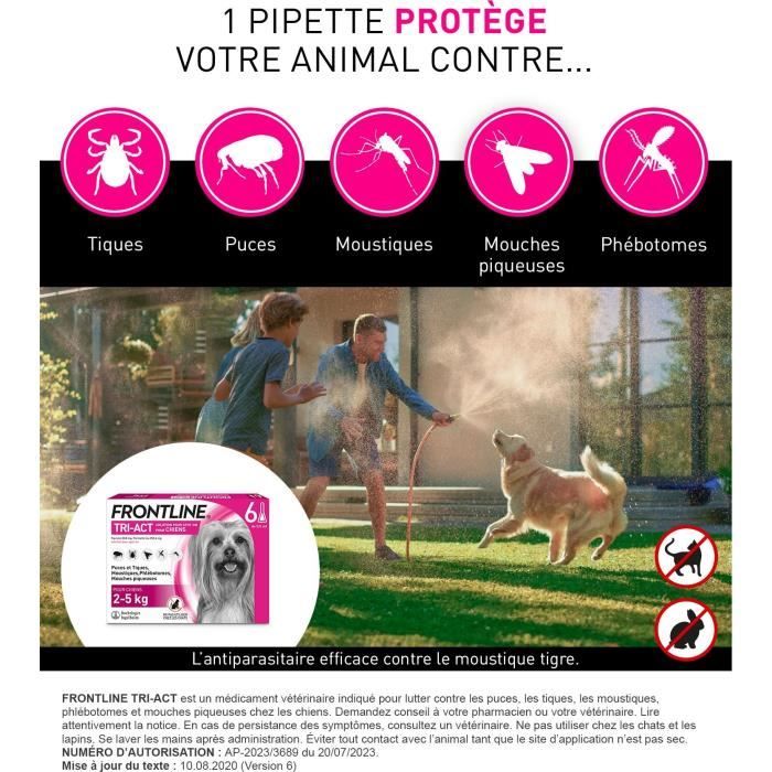 Frontline Tri-Act chien - Anti-puces anti-tiques pour chien XS - 2-5kg - 6 pipettes