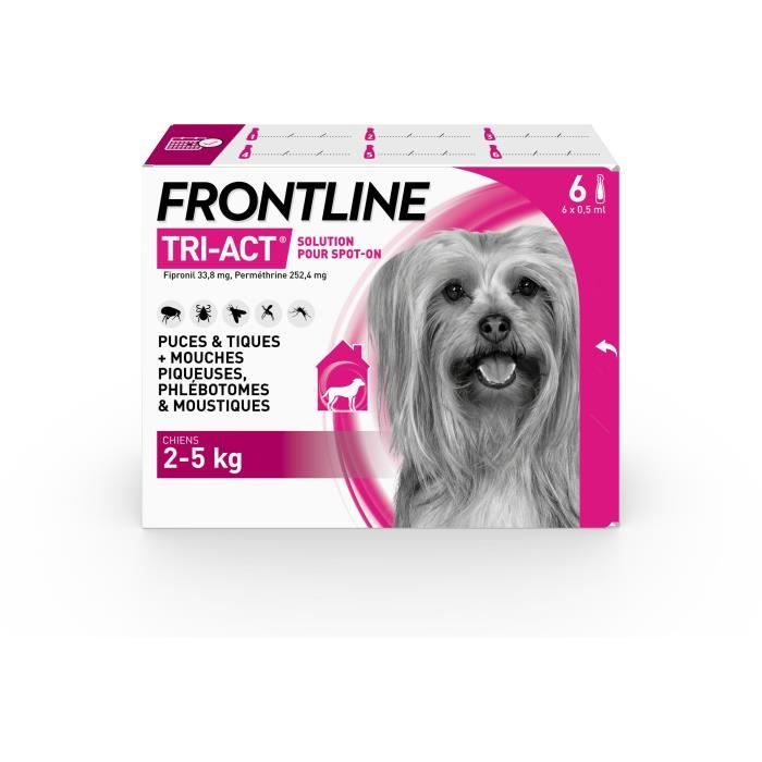 Frontline Tri-Act chien - Anti-puces anti-tiques pour chien XS - 2-5kg - 6 pipettes
