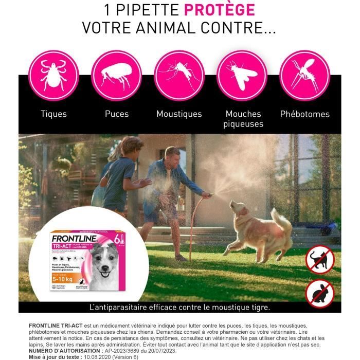 Frontline Tri-Act chien - Anti-puces anti-tiques pour chien S - 5-10kg - 6 pipettes