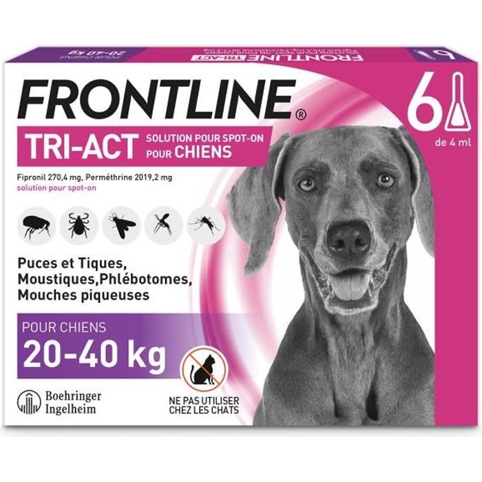 FRONTLINE  6 pipettes Tri-Act Chiens L - 20 a 40 kg -puces, tiques, moustiques, phlébotomes et mouches piqueuses