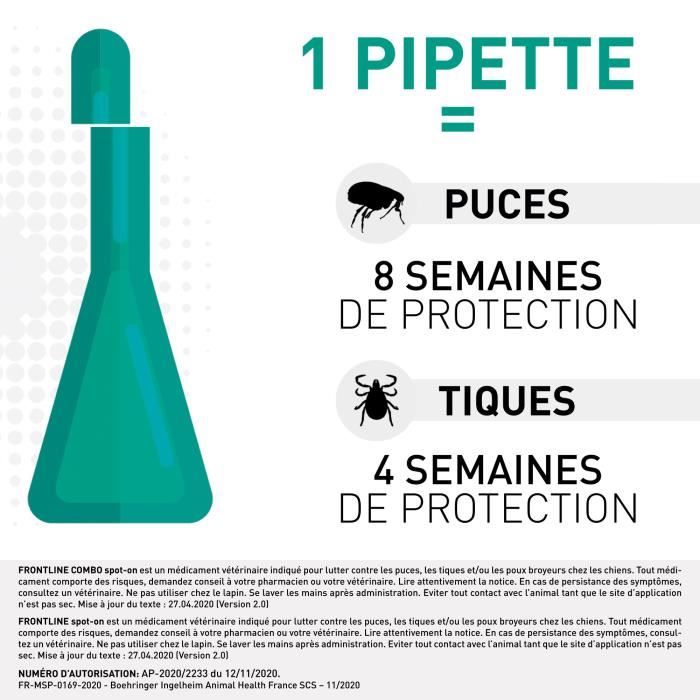 FRONTLINE 4 Pipettes Combo Chien M - 10 a 20 kg - Puces tiques et poux