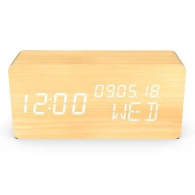 Réveil 4 en 1 - EVOOM - Modele WOOD - Horloge, Thermometre, Calendrier - Couleur Naturel - Radio numérique