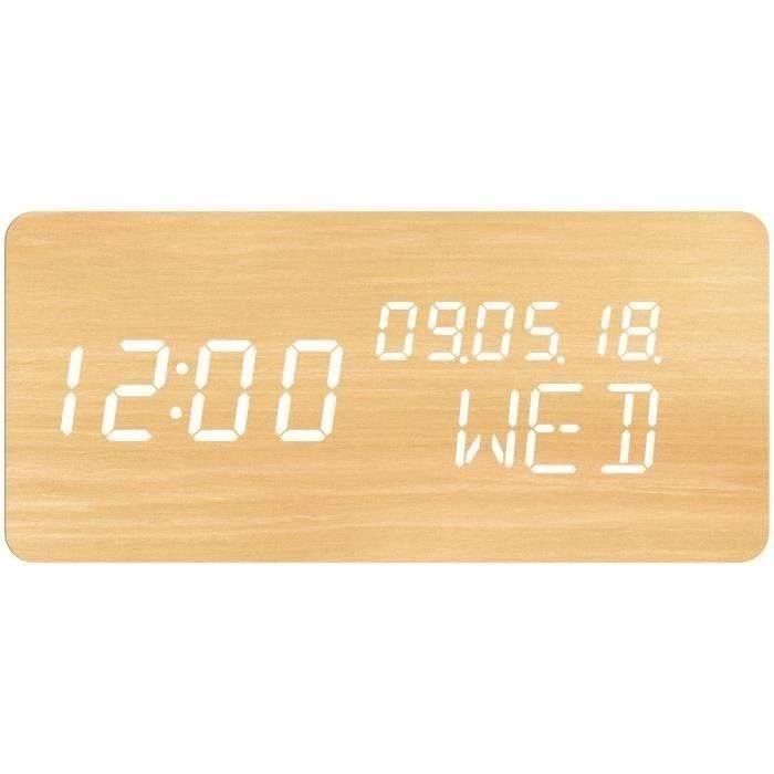 RÈveil 4 en 1 - EVOOM - Modele WOOD - Horloge, Thermometre, Calendrier - Couleur Naturel - Radio numÈrique