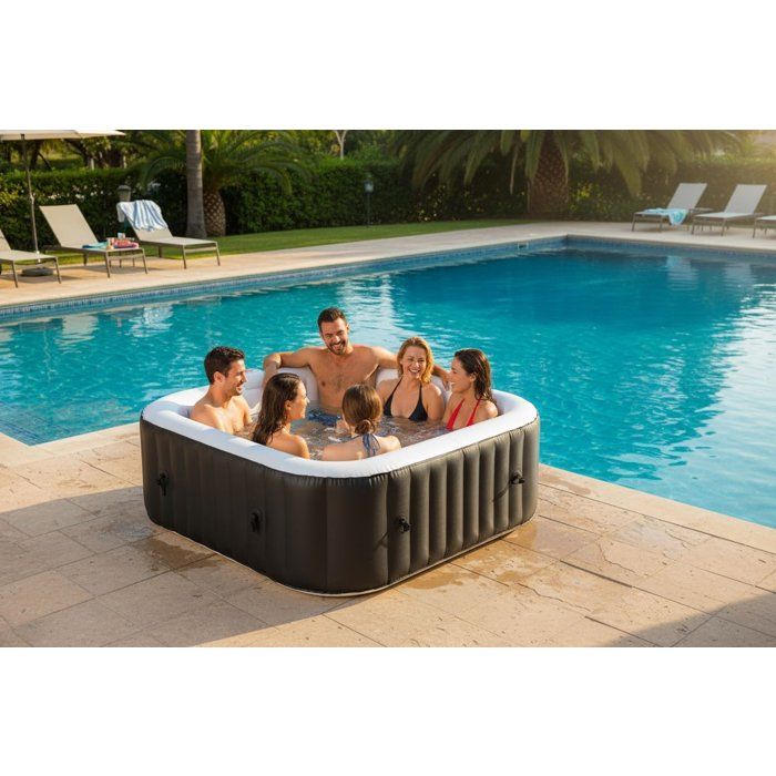 KIT TOUT INCLUS SUNSPA: spa gonflable carré 6 places et accessoires : 4 appuis tetes, filtre, épuisette, brosse, tapis, couverture