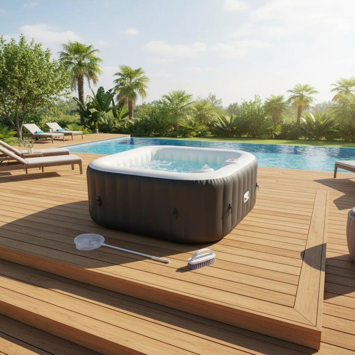 KIT TOUT INCLUS SUNSPA: spa gonflable carré 6 places et accessoires : 4 appuis tetes, filtre, épuisette, brosse, tapis, couverture