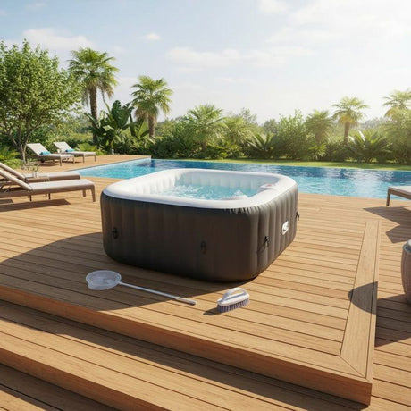 KIT TOUT INCLUS SUNSPA: spa gonflable carré 6 places et accessoires : 4 appuis tetes, filtre, épuisette, brosse, tapis, couverture