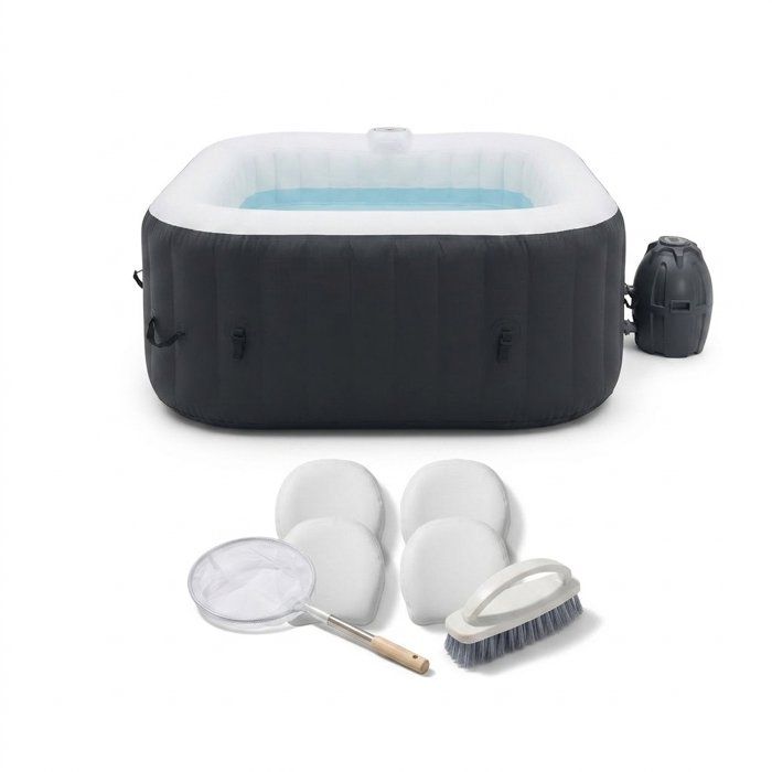 KIT TOUT INCLUS SUNSPA: spa gonflable carré 6 places et accessoires : 4 appuis tetes, filtre, épuisette, brosse, tapis, couverture
