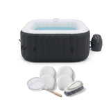 KIT TOUT INCLUS SUNSPA: spa gonflable carré 6 places et accessoires : 4 appuis tetes, filtre, épuisette, brosse, tapis, couverture