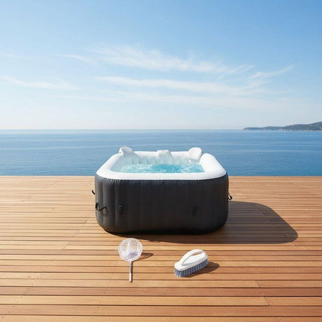 KIT TOUT INCLUS SUNSPA: spa gonflable carré 6 places et accessoires : 4 appuis tetes, filtre, épuisette, brosse, tapis, couverture