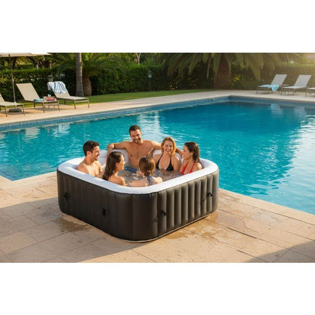 KIT TOUT INCLUS SUNSPA: spa gonflable carré 6 places et accessoires : 4 appuis tetes, filtre, épuisette, brosse, tapis, couverture