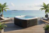 KIT TOUT INCLUS SUNSPA: spa gonflable carré 6 places et accessoires : 4 appuis tetes, filtre, épuisette, brosse, tapis, couverture