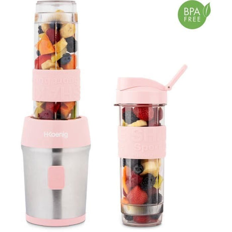 Mini blender - H.KoeNIG - SMOO12 - 300 W - 570 mL - Rose pastel - 2 gourdes incluses - Sans BPA