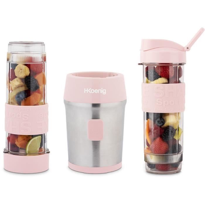 Mini blender - H.KoeNIG - SMOO12 - 300 W - 570 mL - Rose pastel - 2 gourdes incluses - Sans BPA