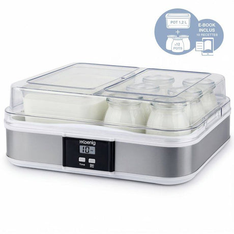 Yaourtiere HKoeNIG - ELY120 - Capacité 12 pots en verre de 160ml + 1 pot a fromage blanc (1,2L) - Programmable jusqu'a 15h - 15W